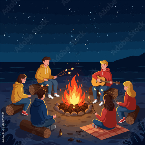 People Around Campfire Roasting Marshmallows and Playing Guitar at Night