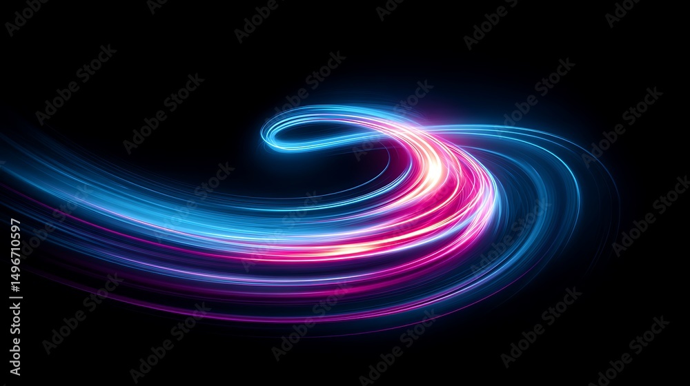Obraz premium Abstract swirling neon light trails in vibrant pink and blue hues on a black background.
