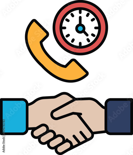 A hand shaking another hand with a clock in the background