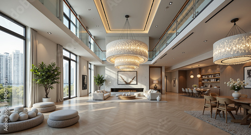 Luxury modern living room with double-height ceiling and chandelier