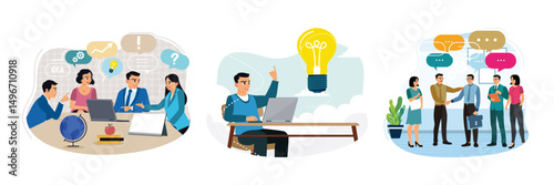 Business team collaborates in office, men work with idea bulbs, communicate with speech bubbles.