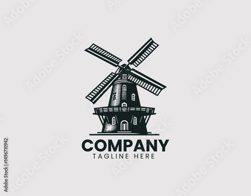 Traditional Old European Windmill Structure Illustration Vector Logo Design, Classic European Windmill Ancient Structure Illustration Vector Logo