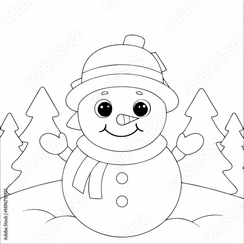 snowman on a white background Vector Illustration and Coloring Book Style on White