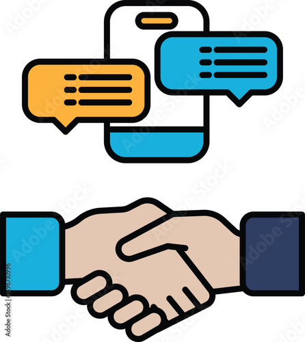 A hand shaking another hand with a cell phone in the background