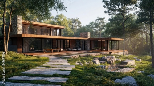 Modern, wood-clad home nestled in a lush forest.  Spacious, contemporary design with glass walls, offering a seamless connection to nature.  Stone accents complement the natural surroundings