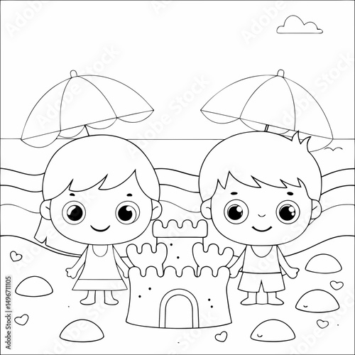 boy and girl Vector Illustration and Coloring Book Style on White