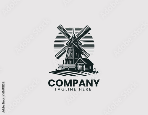 Traditional Old European Windmill Structure Illustration Vector Logo Design, Classic European Windmill Ancient Structure Illustration Vector Logo