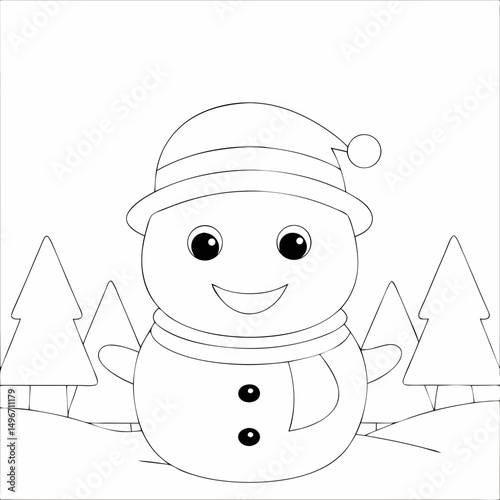 snowman with a gift Vector Illustration and Coloring Book Style on White