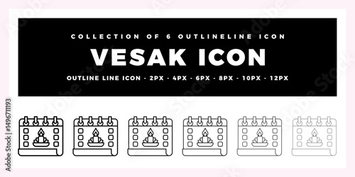 Vesak Icon Collection of 6 Outline Icons for Buddhist Holiday