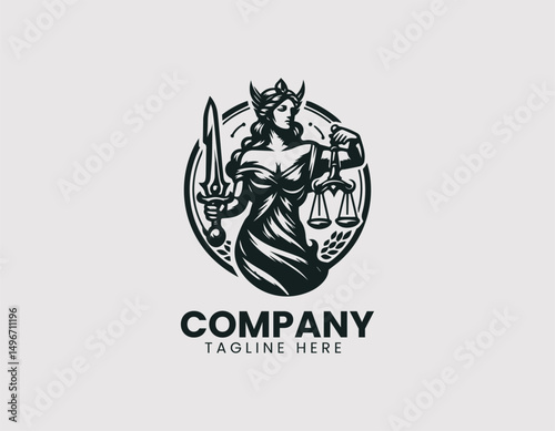Stunning Goddess of Justice Holding Scales and Sword Vector Logo Design