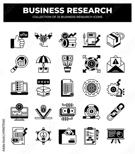 Collection of 25 Business Research Icons: A Visual Guide to Market Analysis and Financial Strategy