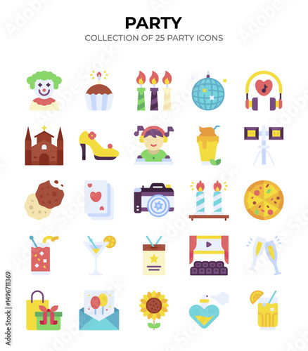 25 Colorful Party Icons Collection. Festive. Flat Design Elements for Events and Celebrations