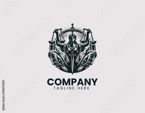 Stunning Goddess of Justice Holding Scales and Sword Vector Logo Design