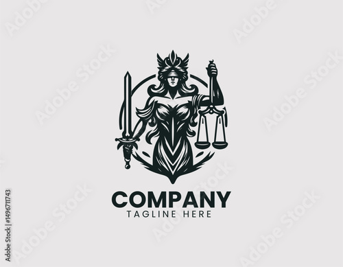 Stunning Goddess of Justice Holding Scales and Sword Vector Logo Design