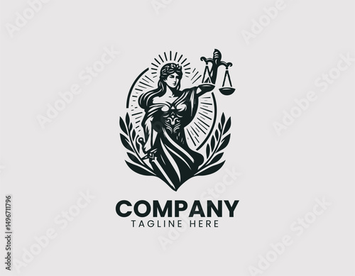 Stunning Goddess of Justice Holding Scales and Sword Vector Logo Design