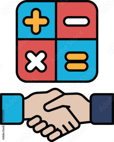 A hand shaking another hand with a calculator in the background
