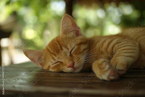 Ginger tabby kitten napping peacefully on weathered wooden surface outdoors