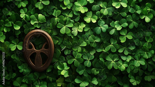 Lush clover field with vintage decorative metal ornament resting among vibrant green shamrock leaves nature image