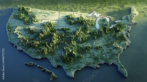 Digital illustration of United States showing topography elevation mountains forests lakes and detailed coastline image