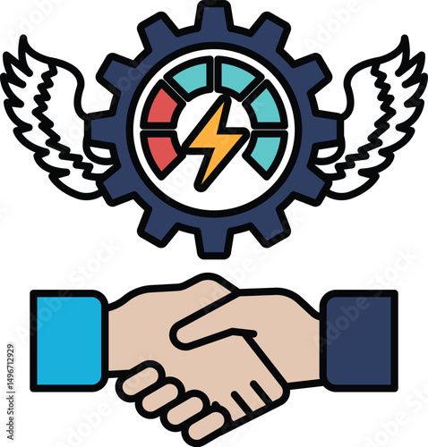 A graphic of two hands shaking with a gear in the background