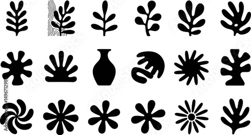 Abstract black and white floral and vase silhouettes collection