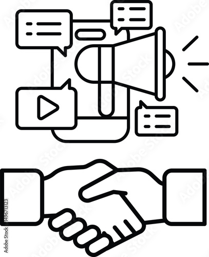 A hand shaking another hand with a large speaker in the background