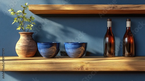 Rustic shelves hold a vase, bowls, and bottles, bathed in sunlight against a deep blue wall
