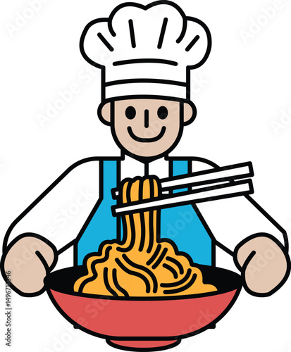 A cartoon chef is holding a bowl of noodles and smiling