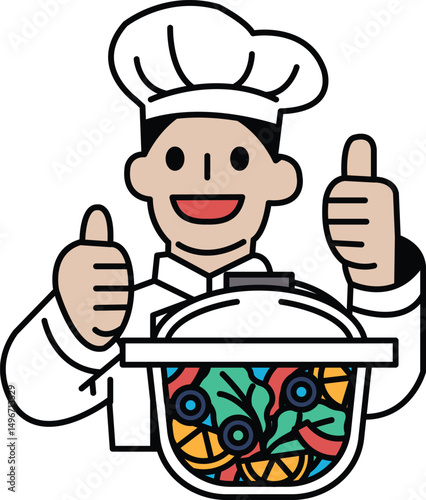 A chef is giving thumbs up to a pot of food