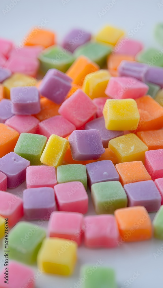 A vibrant pile of colorful, square candies in assorted pastel shades, creating a cheerful and appetizing image. A vibrant pile of colorful, square candies in assorted pastel shades, creating a cheerful and appetizing image.