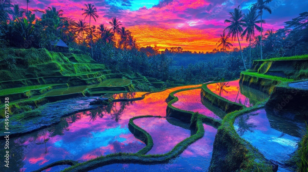 Fototapeta premium Stunning sunrise over vibrant rice paddies. Reflecting colors on tranquil water