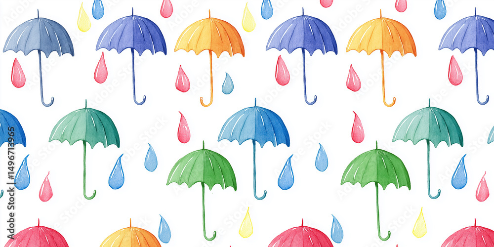 Obraz premium 梅雨の季節にぴったりなカラフルな水彩傘としずくの連続柄｜ポップ・キュート・雨の日イラスト・6月・水彩風・ハンドペイント・装飾背景・テキスタイルデザイン