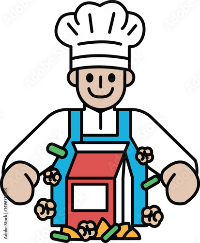 A cartoon chef is holding a box of cereal and smiling