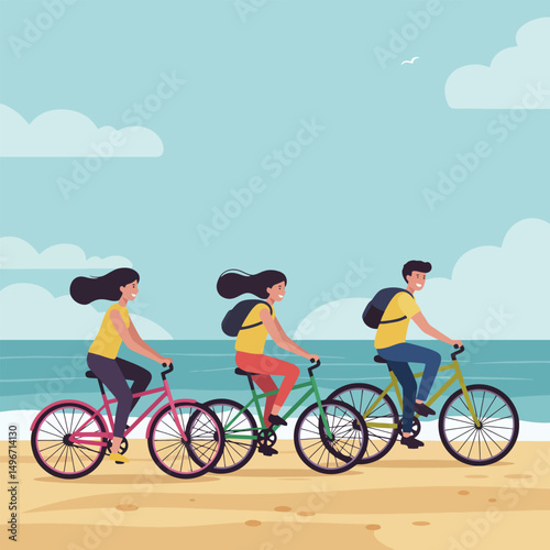 People Cycling on Beach with Ocean View Enjoying Summer Vacation