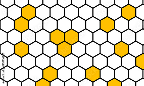 A view of a white honeycomb pattern, with some shapes filled in with yellow.