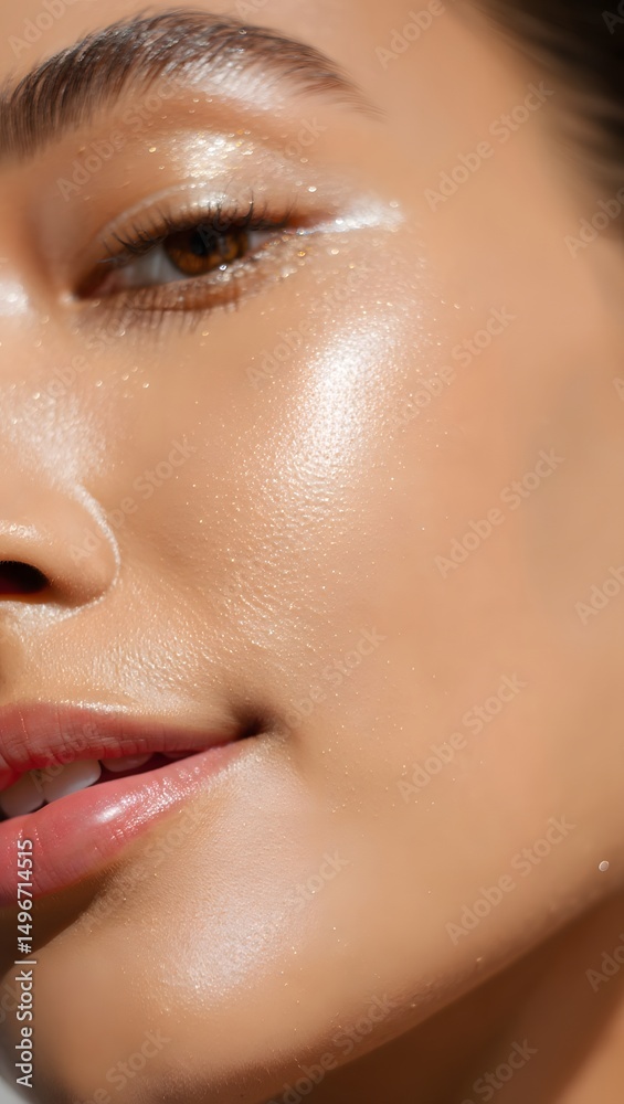 Fototapeta premium A close-up shot of radiant skin of the person with striking features. The image accentuates the skin's luminous quality, enhanced by the interplay of light and shadow.