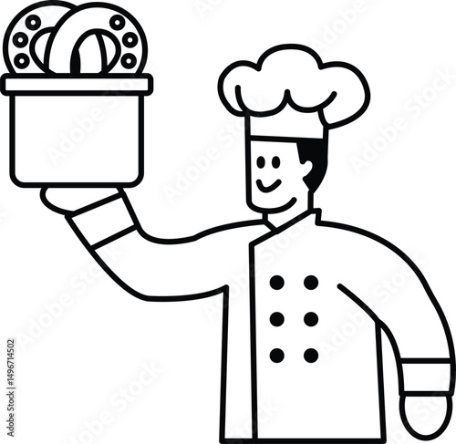 A chef is holding a basket of doughnuts