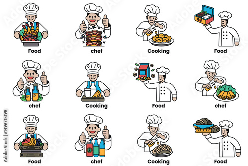 A series of cartoon chefs are shown in various stages of preparing food