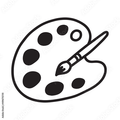 A black and white line drawing of an artist's palette with a paintbrush