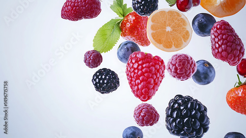 Assortment of fresh, ripe berries and citrus fruits falling