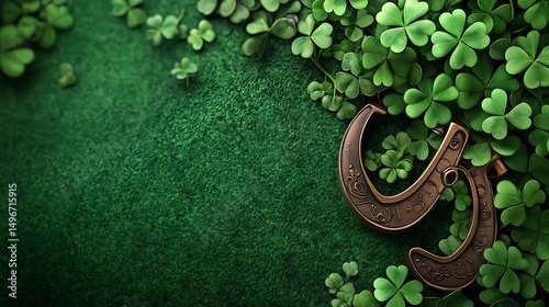 Vibrant green clover patch surrounding engraved vintage metallic object with floral motif and cultural meaning image