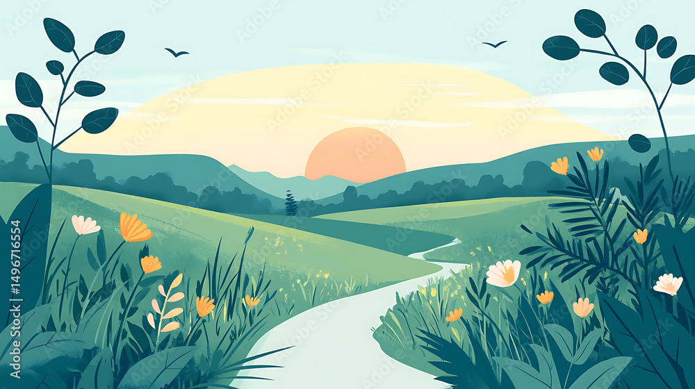 Fototapeta premium Idyllic Sunrise Over Rolling Hills and Meadow
