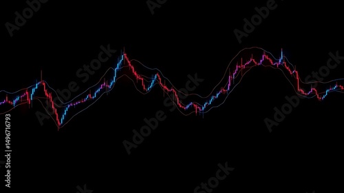 Blue and red glowing zigzag financial trend line over black background showing dynamic market performance image