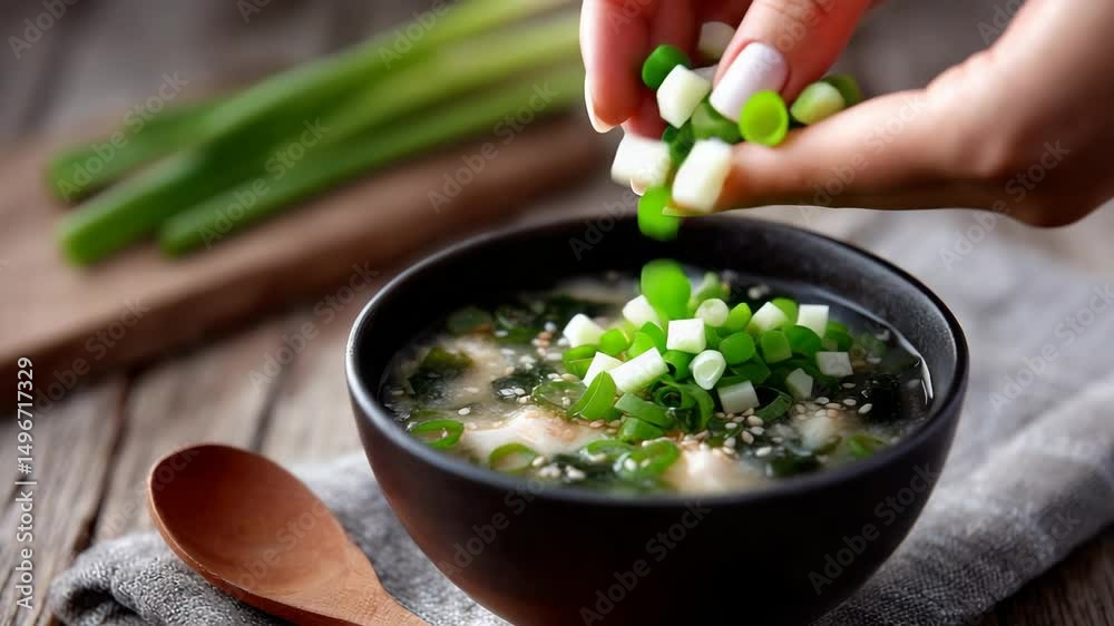 Japanese Tofu Soup Being Finished with Scallions and Sesame by Woman