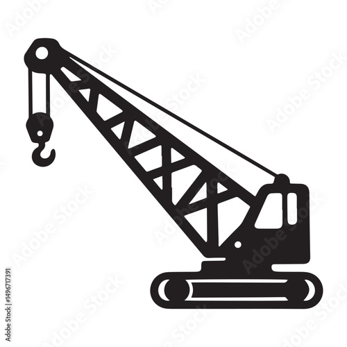 A black and white vector illustration of a mechanical crane with a large hook, raised high above the ground.