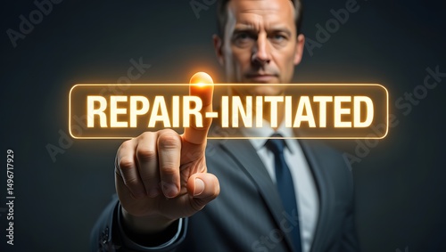 Repair initiated concept businessman pressing button on virtual screen