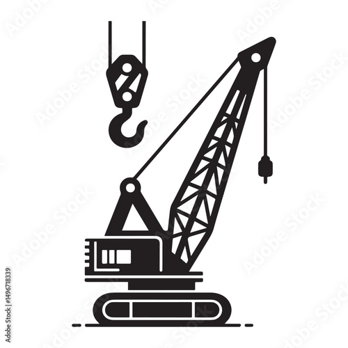 A black and white vector illustration of a mechanical crane with a large hook, raised high above the ground.