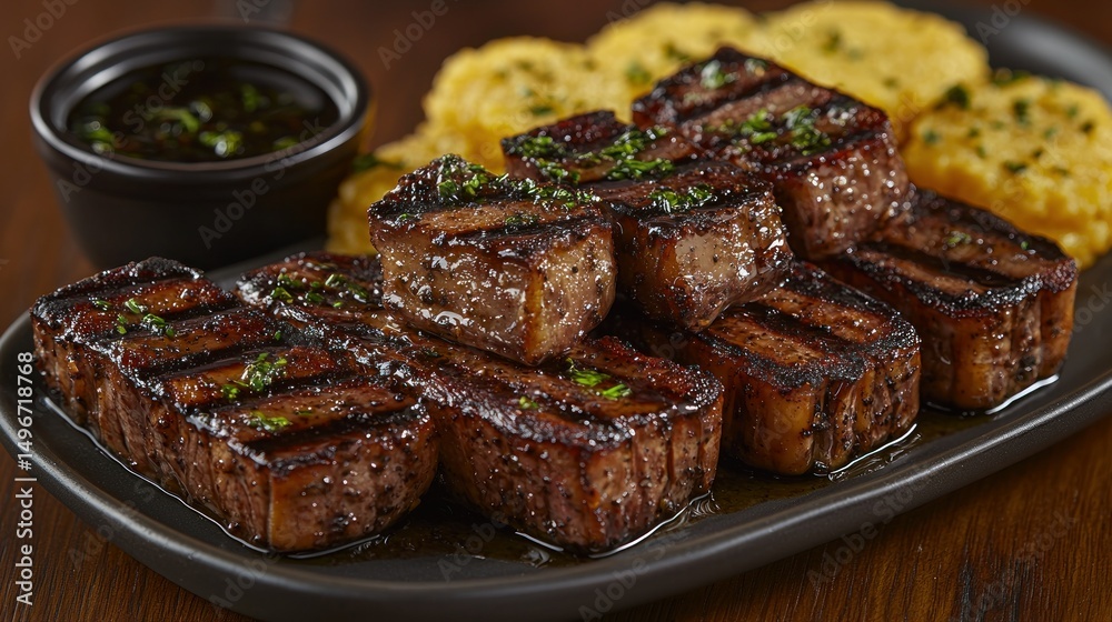 Grilled meat squares with polenta and sauce Grilled meat squares with polenta and sauce