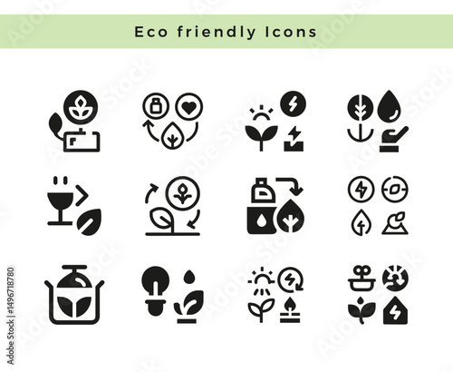 Set of eco friendly vector icons on white white background, nature, illustration, green, energy, symbol