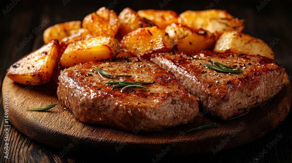 Grilled meat & potato dish served on a wooden board Grilled meat & potato dish served on a wooden board